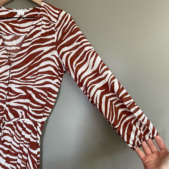 Veronica Beard Mallory Dress Rust Zebra Print Size XS Brown White Tassels Flowy‎ - Picture 9 of 16
